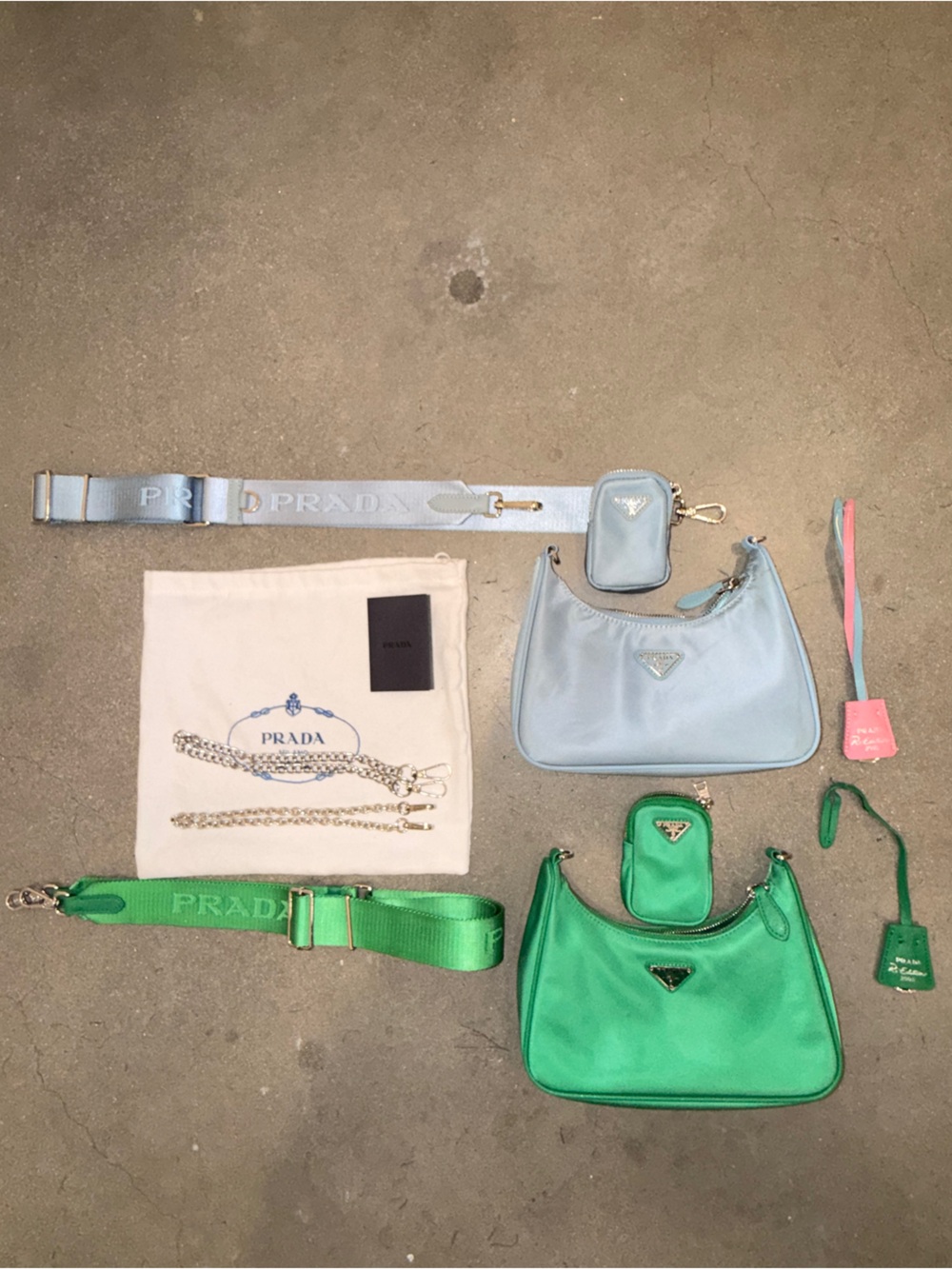 PRADA 2005 Re-Edition Green & Blue Nylon Bag Bundle Full Sets